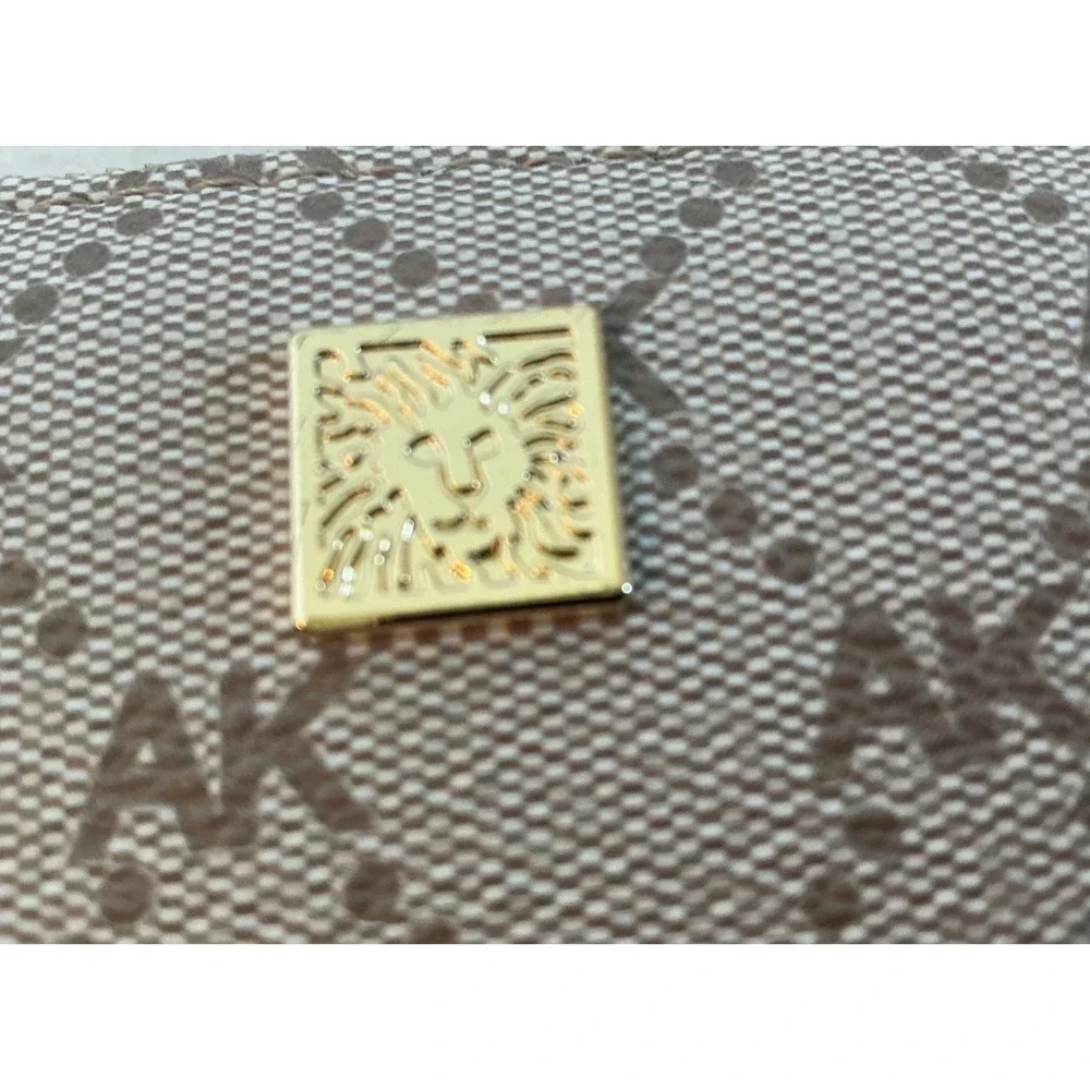 Anne Klein Monogram Zip Around Wallet Taupe Beige Logo Gold Tone Lion Large Slim